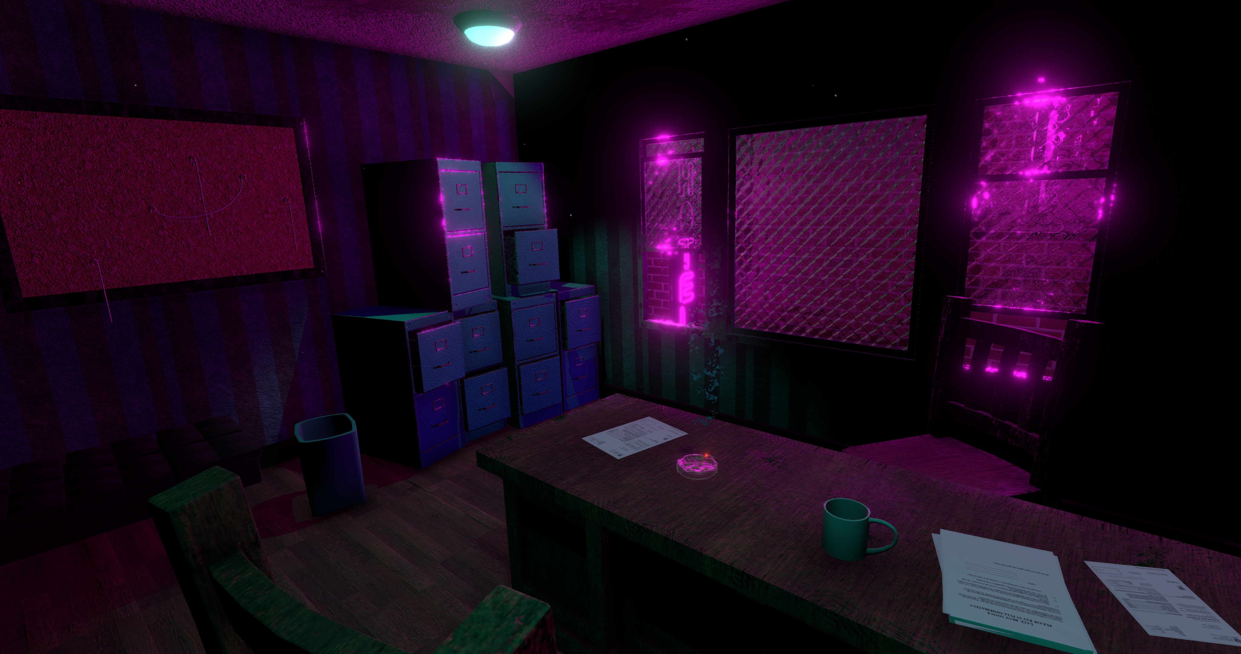 Description: Neon light streams in through a window, illuminating a cramped, dingy office space. Outside the window we see a sign for a hotel hanging on a brick wall, the source of the light. Two chairs face a messy desk. In the corner, there are stacks of filing cabinets, some slightly opened. Next to them we see a trashcan and a blank cork board. On the desk there are bills, an ashtray with cigarettes inside, and a coffee cup.