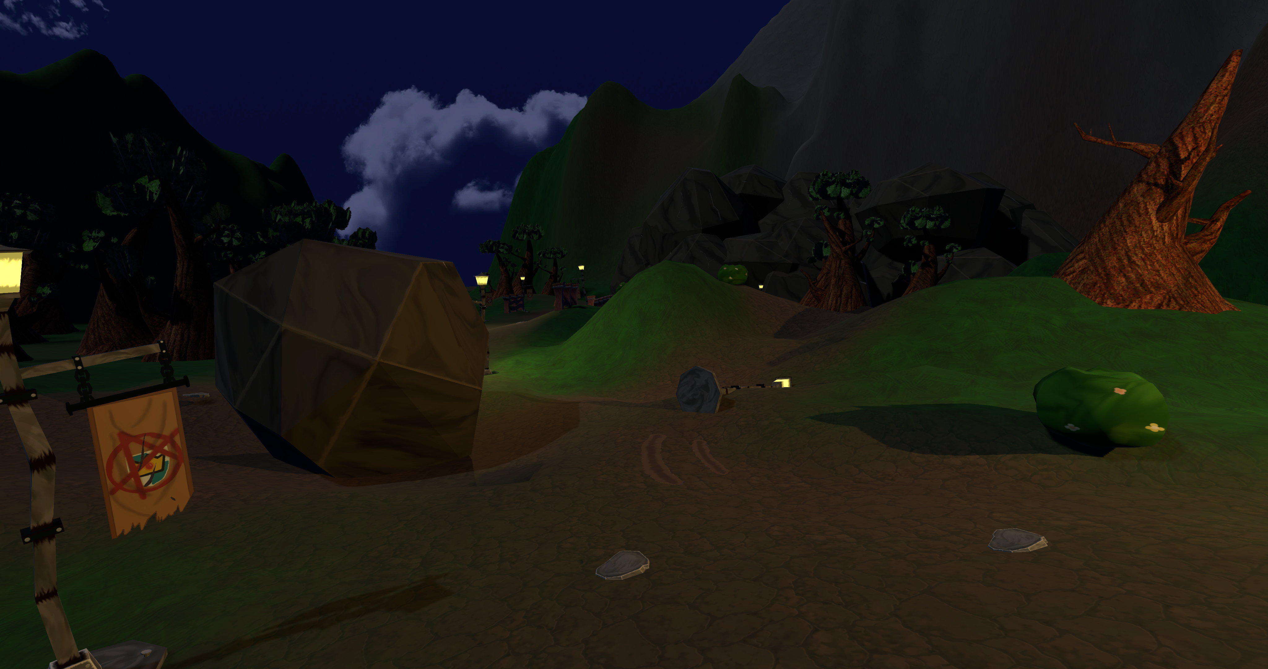 Click on the image to get a larger version. Description: A boulder lies in the middle of a dirt road, next to a knocked over lamppost. Wagon tracks lead towards the knocked over post, heading towards a hill. The path is lined with grass, trees, lampposts and a single bush