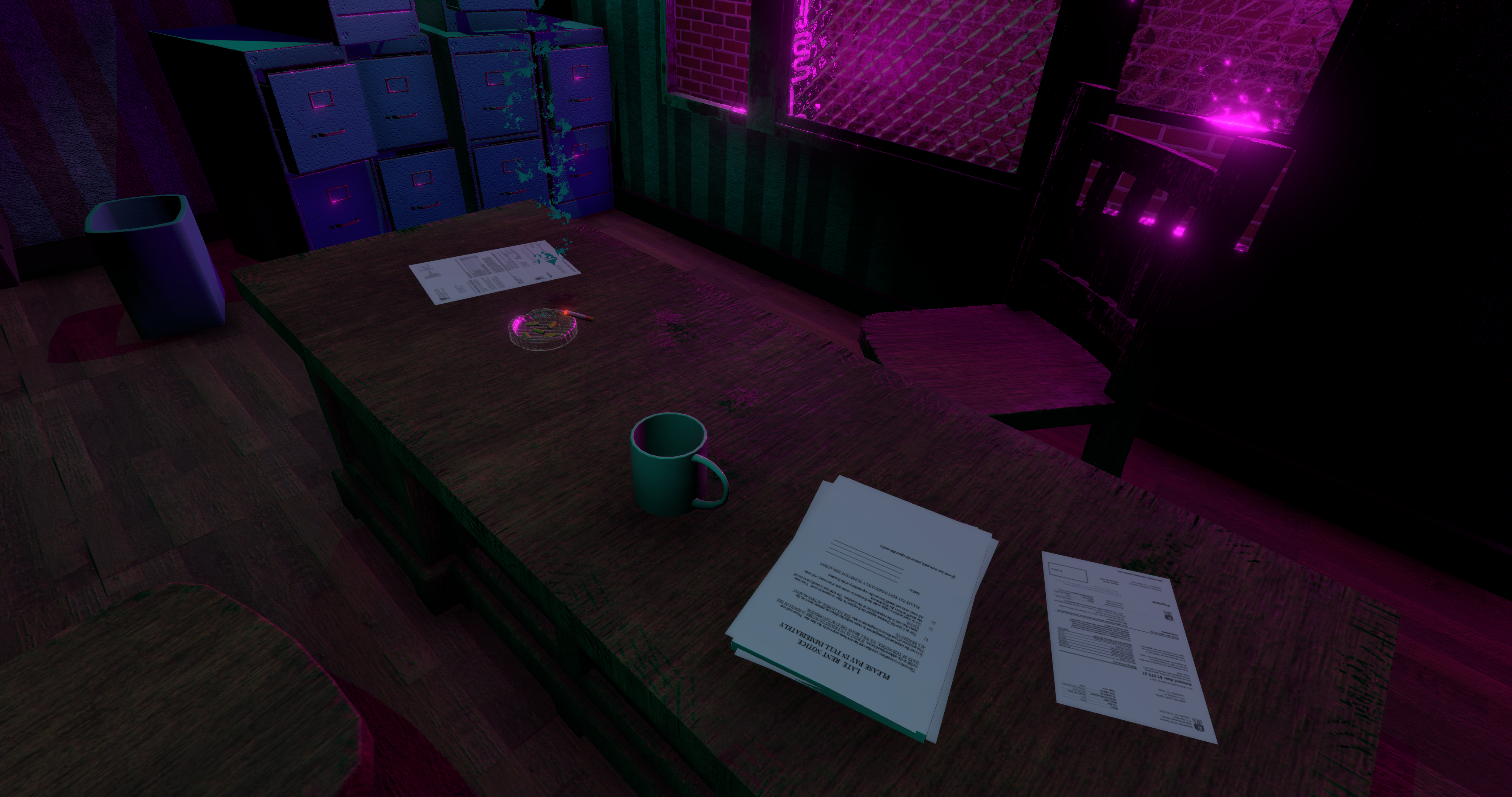 Description: A coffee cup, a stack of unpaid bills, a lit cigarette, and an ash tray sit on a dirty table illuminated by neon light flitting in through the window. In the background we see disheveled filing cabinets, a trash can, and a beat up wooden chair