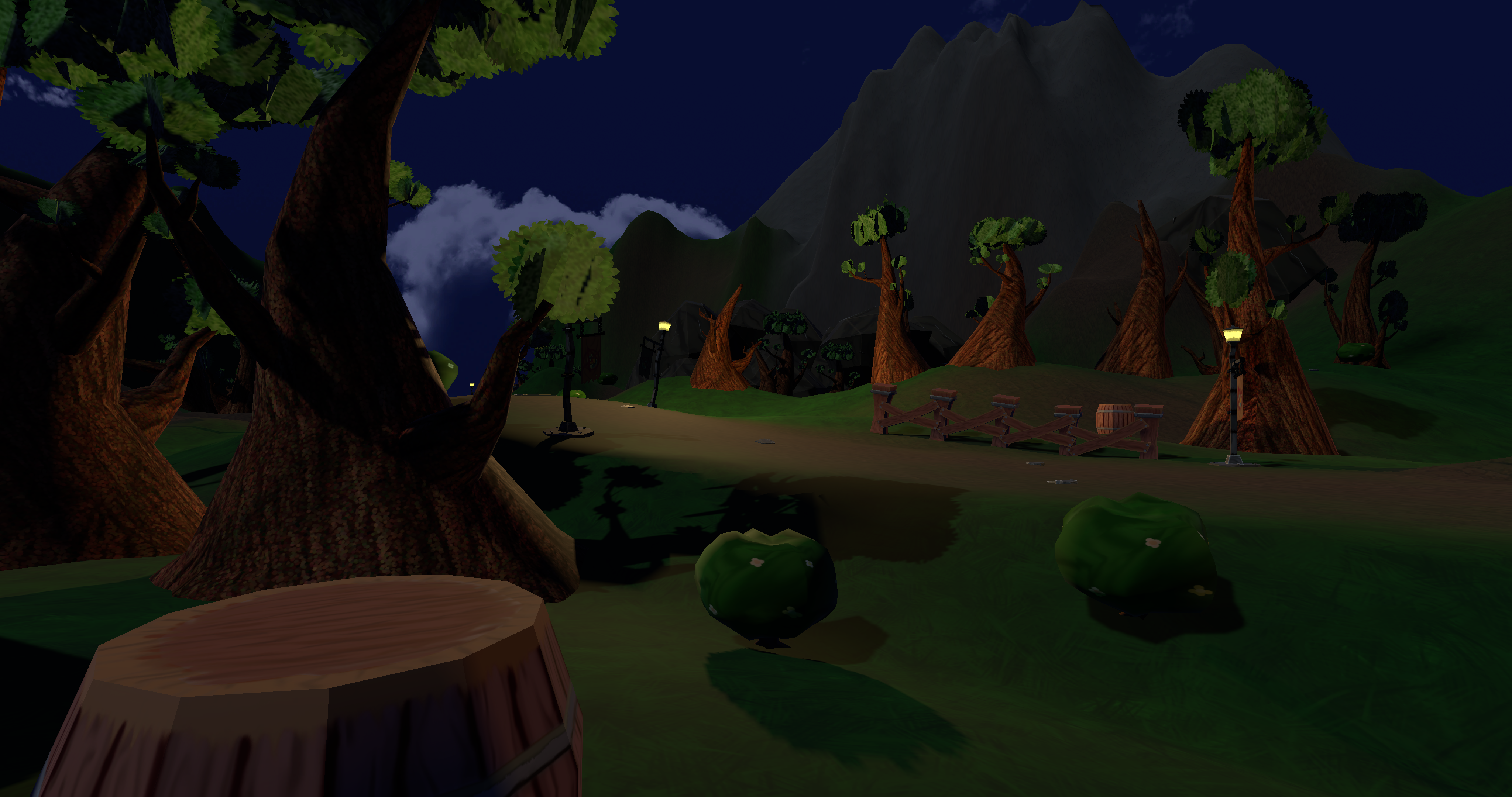 Click on the Image to see a larger version. Description: a dirt path in the woods lined with lampposts. A fence is visible in the distance, with a barrel near it. Another barrel is close at hand