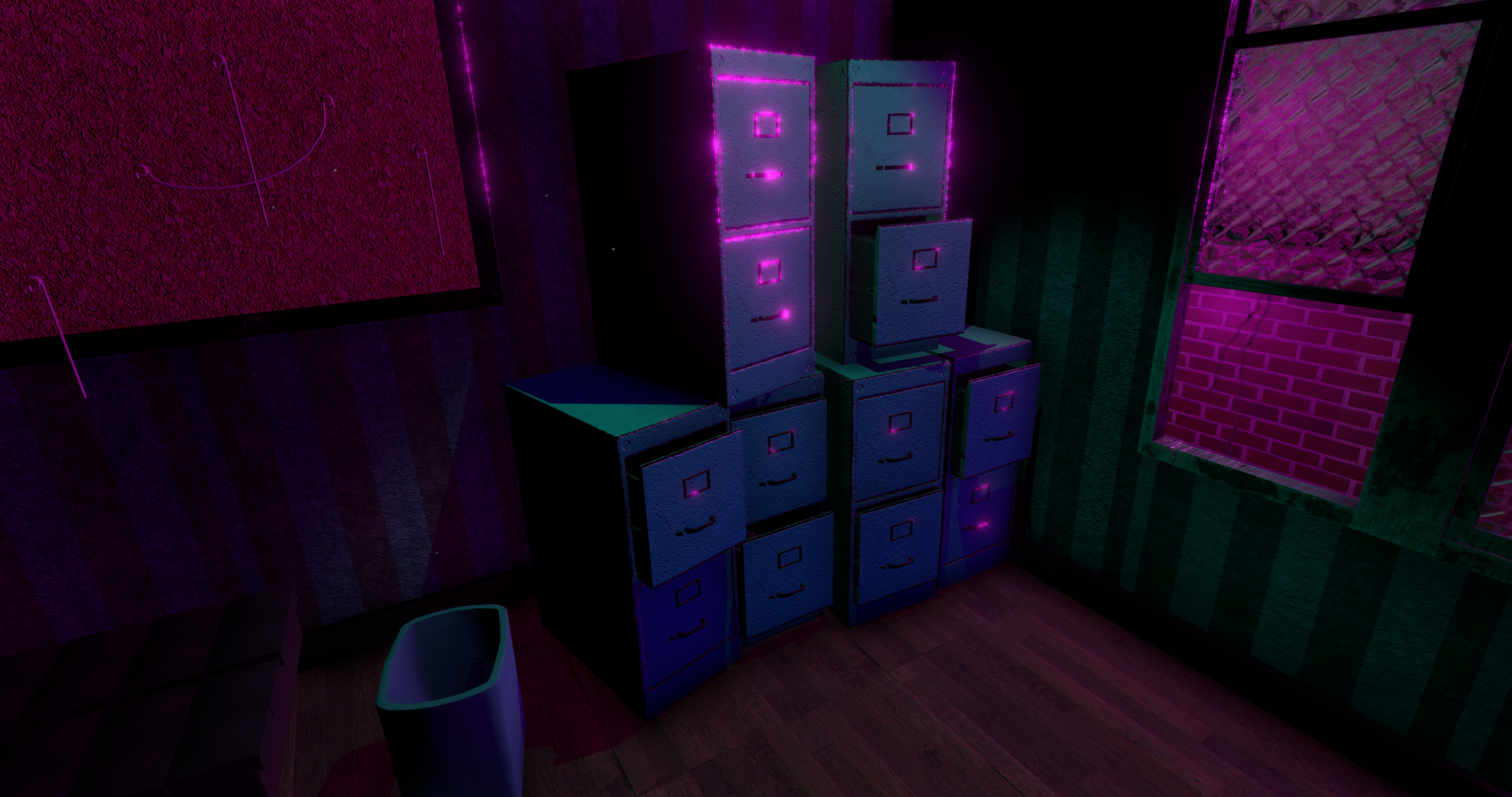 Description: a stack of filing cabinets, some slightly opened, sits in the corner of a cramped apartment next to a trash can and a blank corkboard. There's a window next to the cabinets, through which we can see cracks in the brick wall outside.