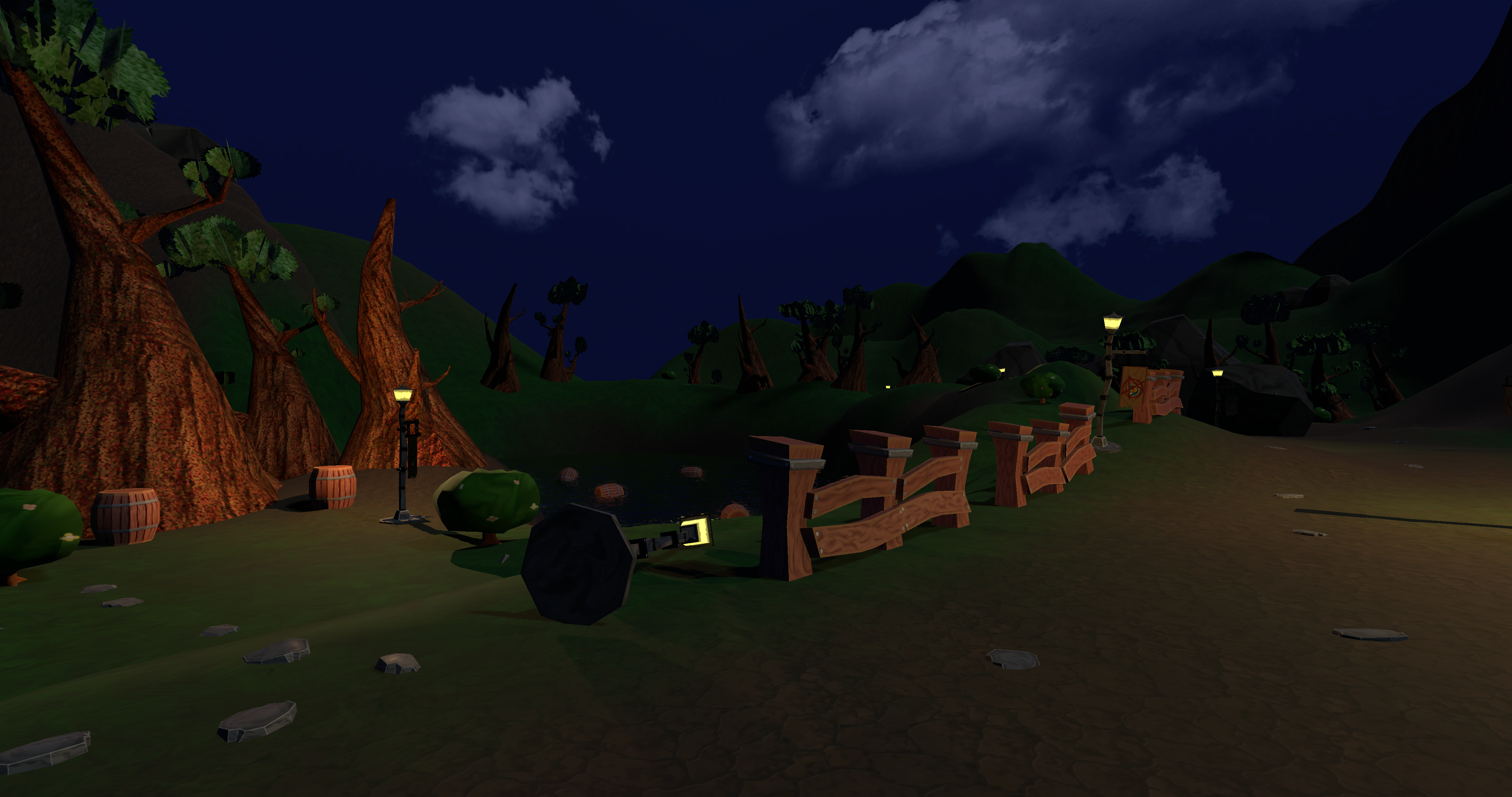 Click to see the full sized image. Description: a group of lamp posts surrounds a lake at night, one has fallen over. They line a dirt path strewn with pebbles. In the lake there are barrels floating in the water. On the bank, we see trees and bushes, with a couple of barrels placed among them.